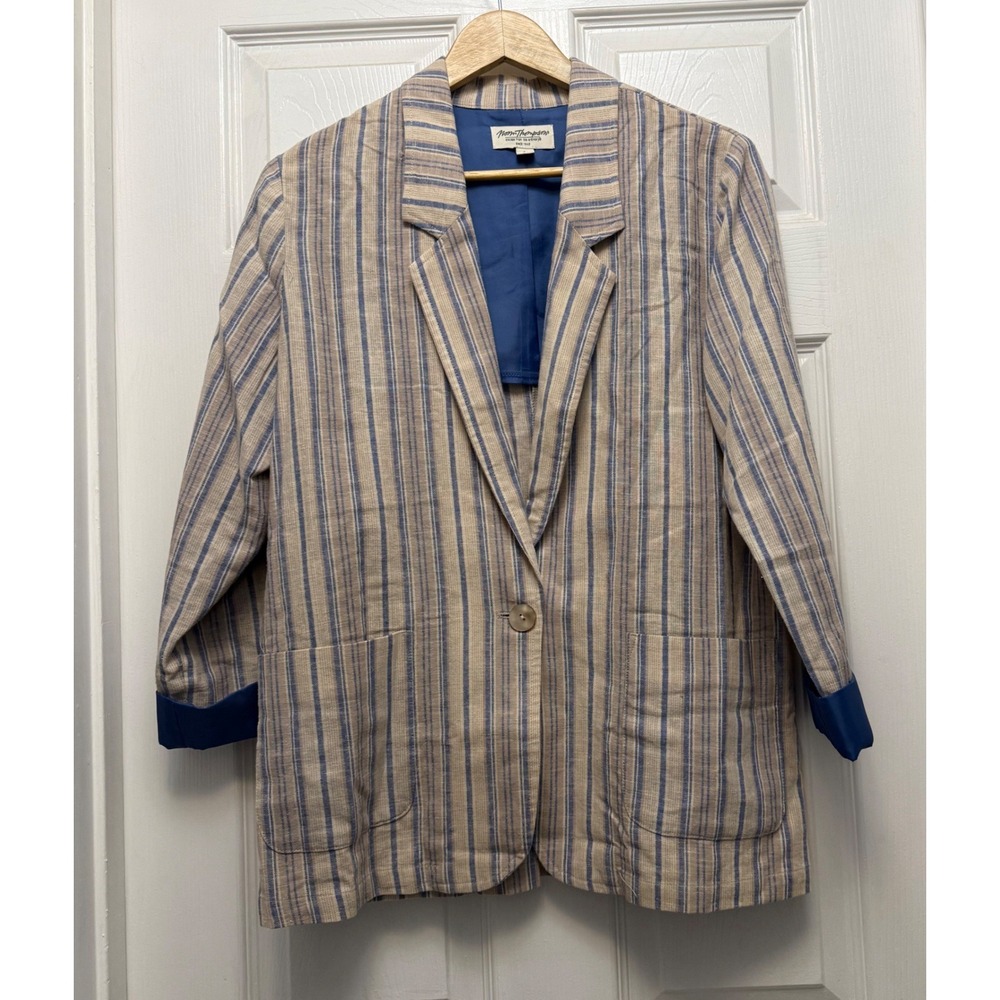 Norm Thompson Linen Cotton Striped Blazer Women S Blue Excellent Coastal Casual